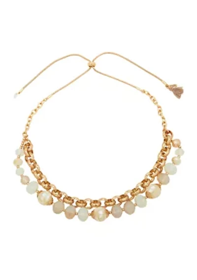 Gold Tone White Carved Bead and Chain Frontal Necklace