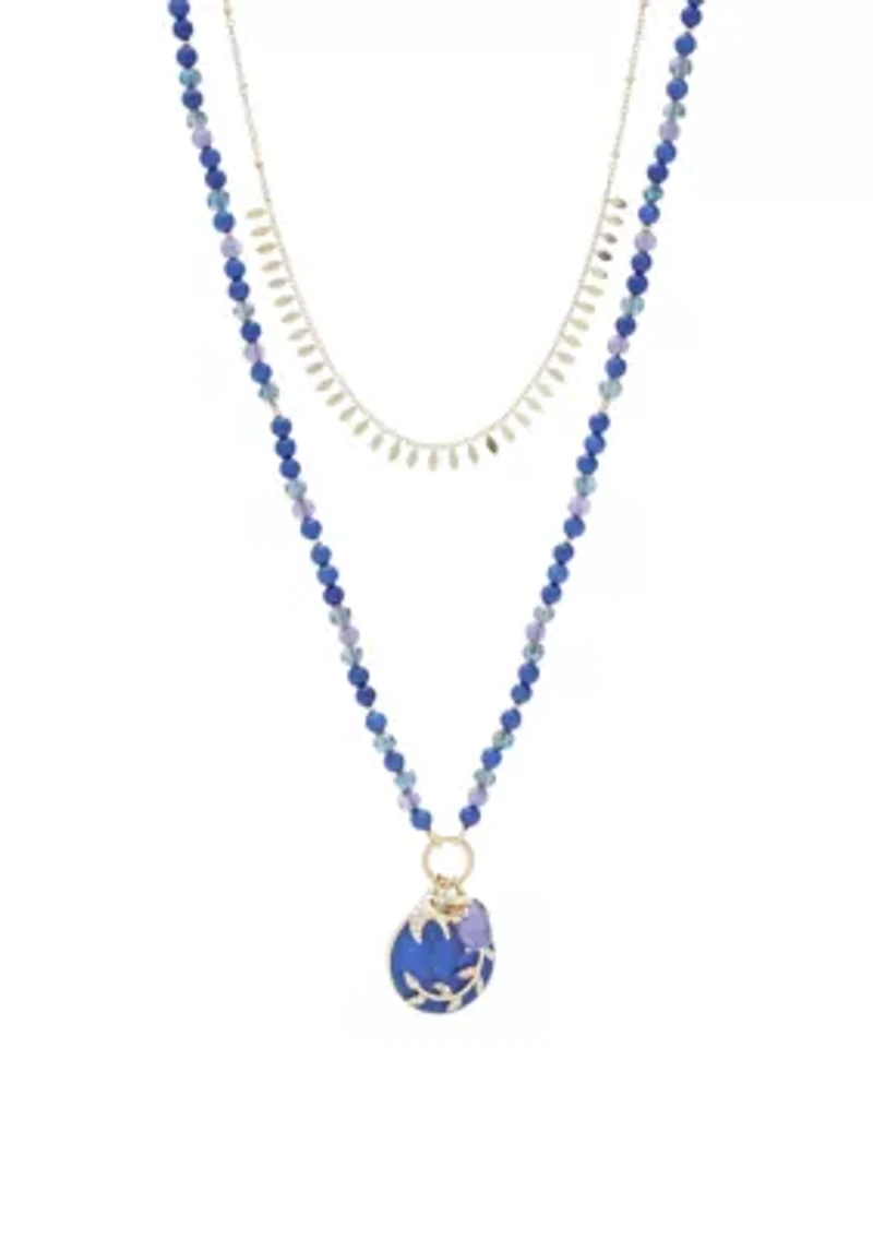 Gold Tone Dark Blue Beaded Multi Row Pendant Necklace