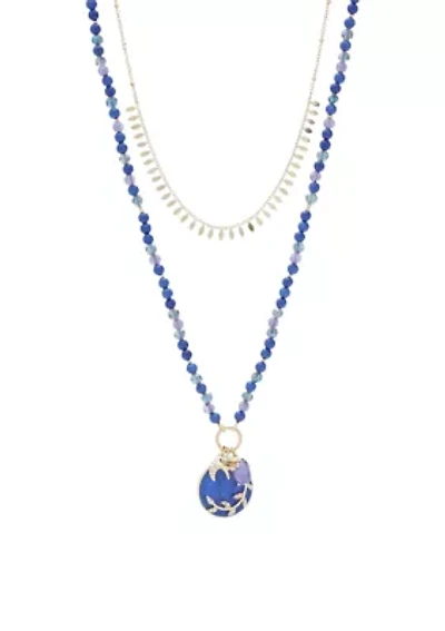 Gold Tone Dark Blue Beaded Multi Row Pendant Necklace