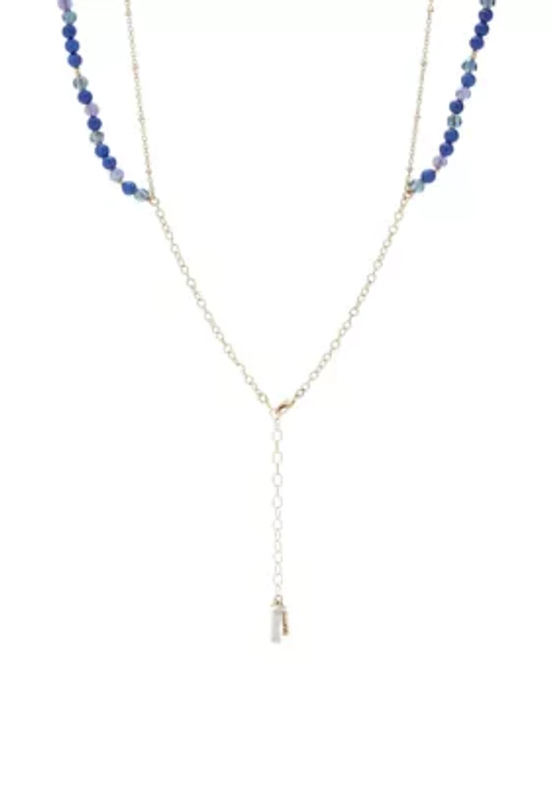 Gold Tone Dark Blue Beaded Multi Row Pendant Necklace