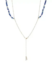 Gold Tone Dark Blue Beaded Multi Row Pendant Necklace