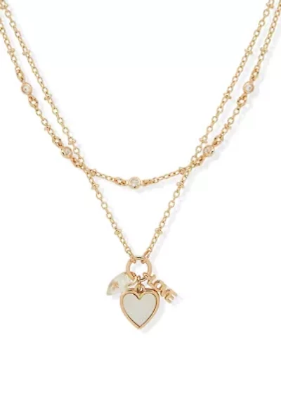 Gold Tone White 2 Row Heart Pendant Necklace