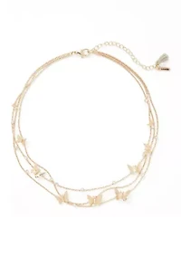 Gold Tone Crystal Butterfly 3 Row Necklace