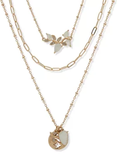 Gold Tone White 3 Row Bird Frontal Necklace