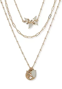 Gold Tone White 3 Row Bird Frontal Necklace