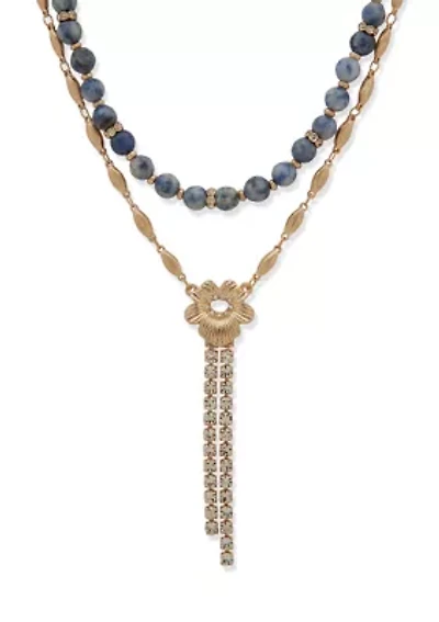 Gold Tone Blue Two Row Flower Y Necklace