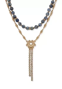 Gold Tone Blue Two Row Flower Y Necklace