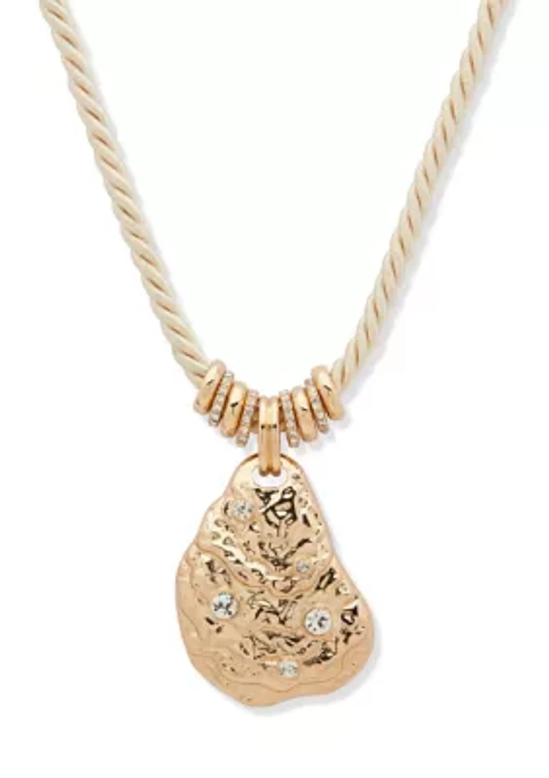 Gold Tone Crystal Oyster Shell Pendant Rope Necklace