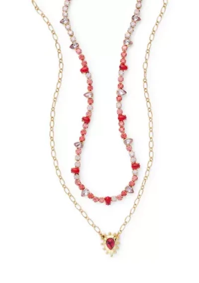 Coral Beaded Multi Row Pendant Necklace