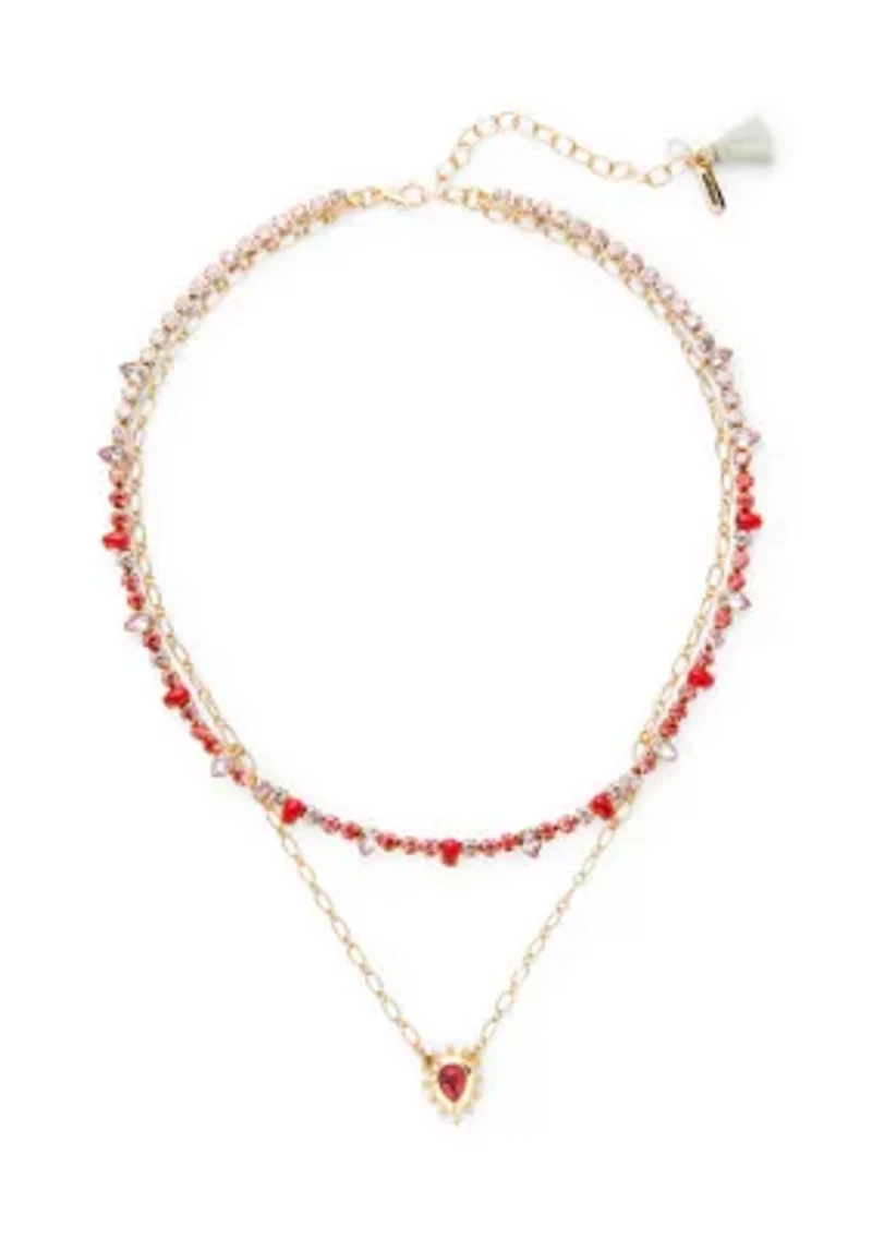 Coral Beaded Multi Row Pendant Necklace