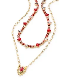 Coral Beaded Multi Row Pendant Necklace
