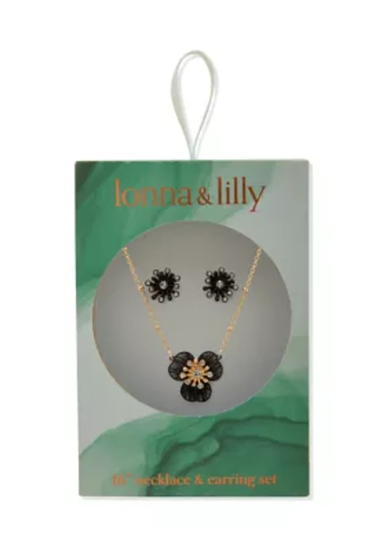 Gold Tone Flower Earrings and Necklace Set