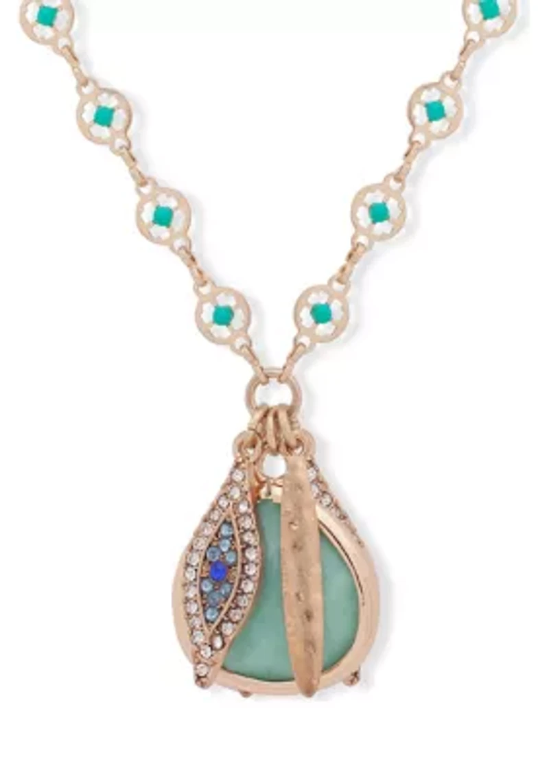 Gold Tone 32" Green Charm Pendant Necklace