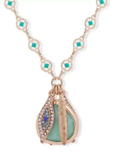 Gold Tone 32" Green Charm Pendant Necklace