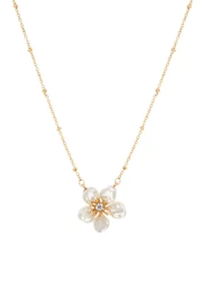 Gold Tone 16" White and Crystal Flower Pendant Necklace
