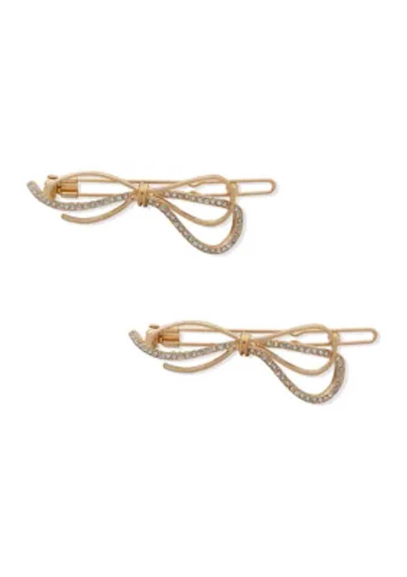 Set of 2 Gold Tone Crystal Pavé Bow Hair Barrettes 