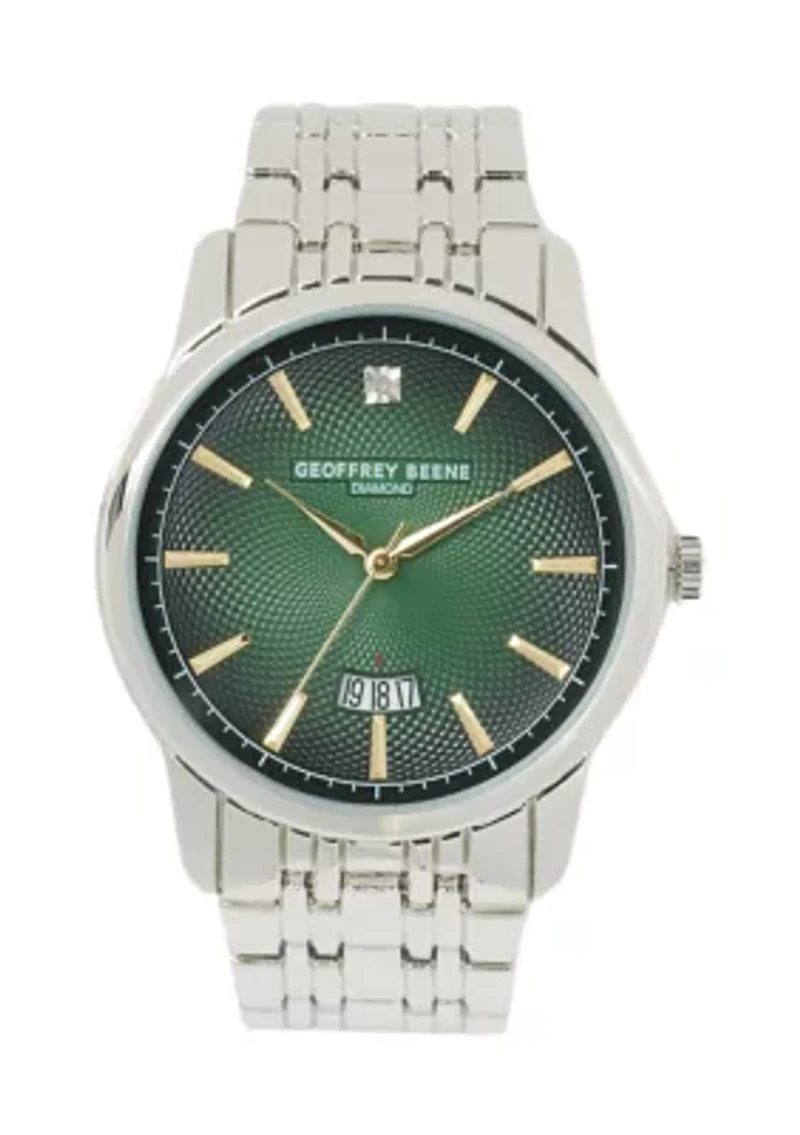 Silver Tone Green Dial Diamond Date Watch