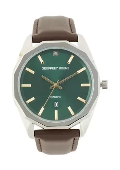 43 Millimeter Silver Diamond Green Dial Octagonal Bezel Watch