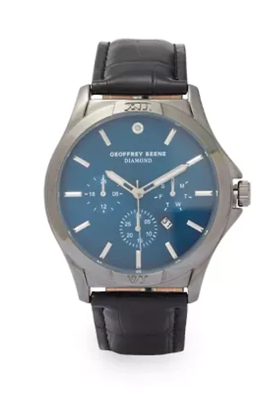 Gunmetal Black Leather Band Blue Face Watch
