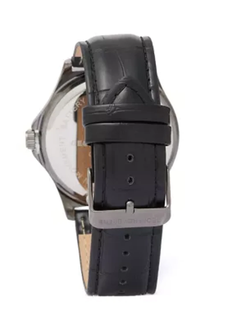 Gunmetal Black Leather Band Blue Face Watch