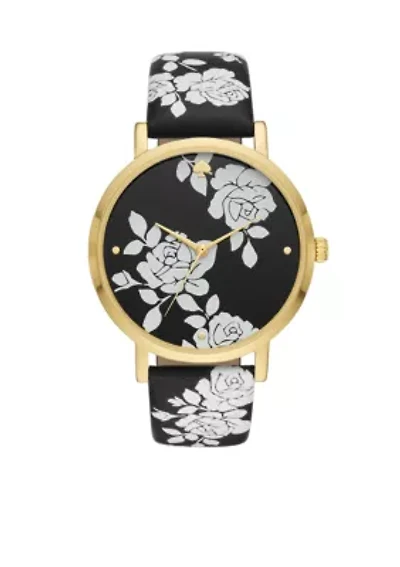 Gold-Tone Metro Floral Black Leather Watch