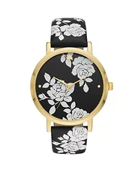 Gold-Tone Metro Floral Black Leather Watch