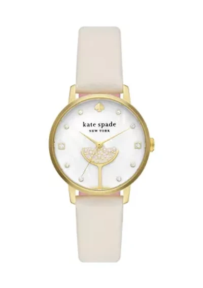 Metro Three Hand Champagne White Leather Watch