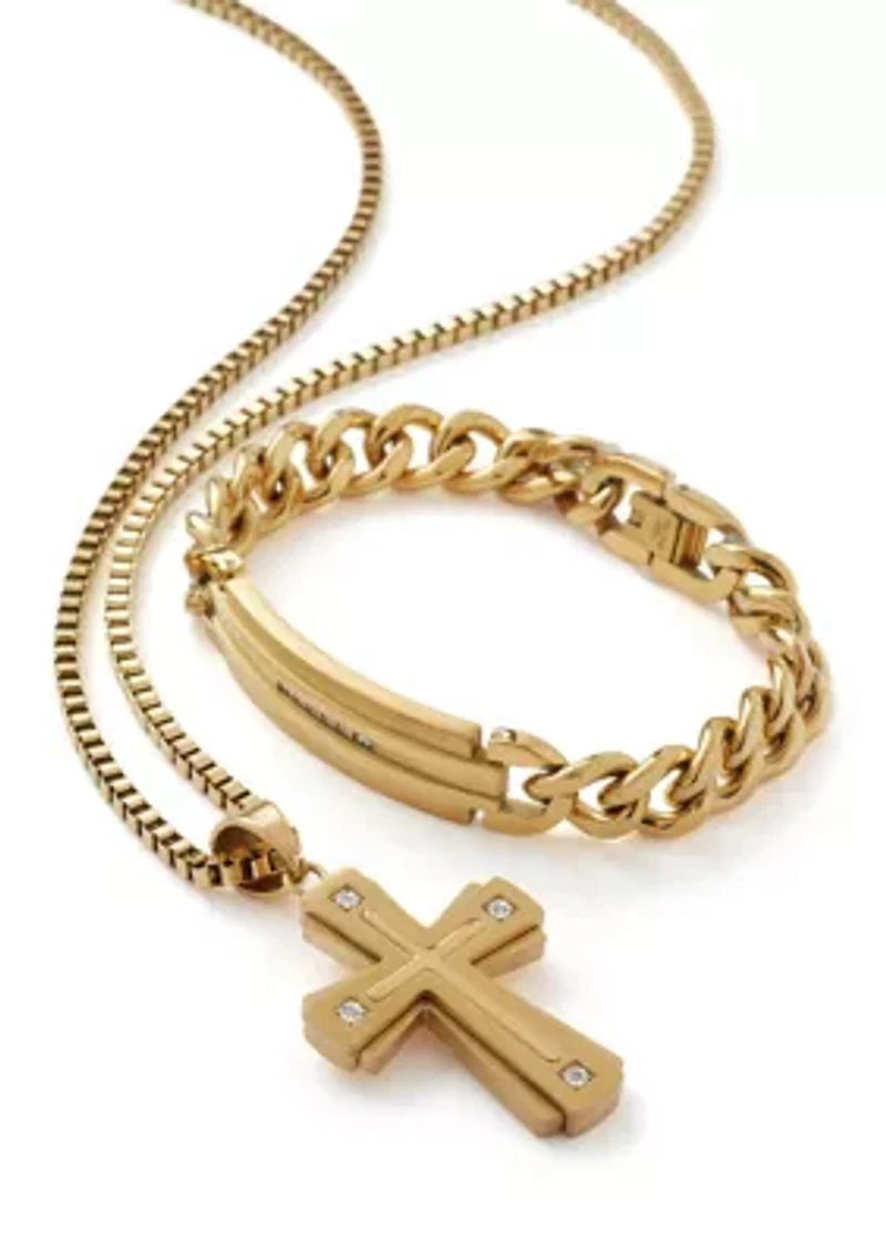 Stainless Steel Cross Pendant Necklace and Bracelet Set