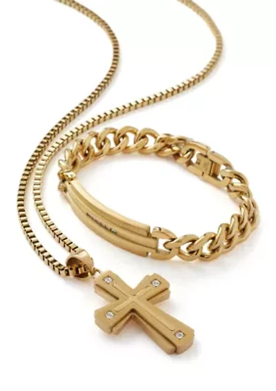 Stainless Steel Cross Pendant Necklace and Bracelet Set