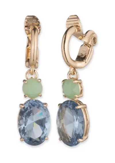 Gold Tone Oval Stone Double Drop Clip Earrings