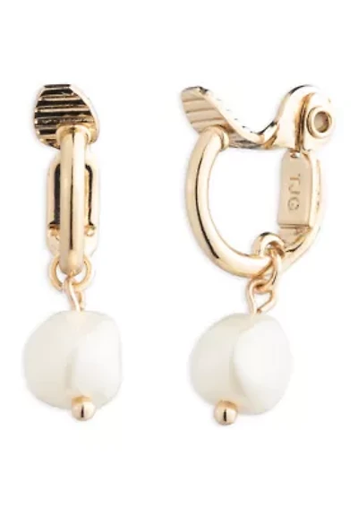 Pearl Gold Tone Drop Hoop Comfort Clip Earrings