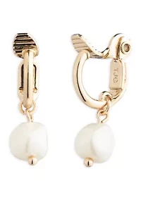 Pearl Gold Tone Drop Hoop Comfort Clip Earrings