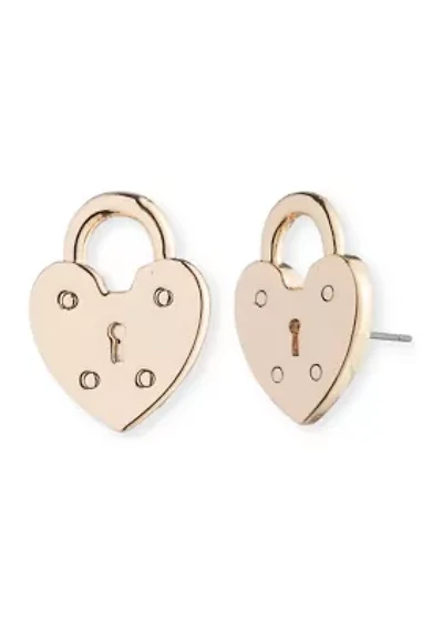 Gold Tone Heart Lock Stud Earrings