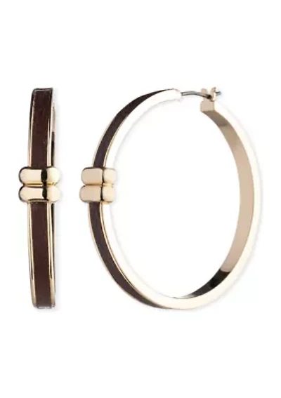Gold Tone Brown 40 Millimeter Leather Hoop Earrings