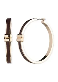 Gold Tone Brown 40 Millimeter Leather Hoop Earrings