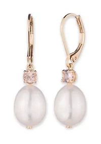 Gold Tone White Pearl Drop Earrings