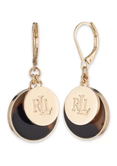 Gold Tone Tortoise Logo Drop Earrings