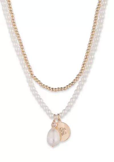 Gold Tone Double Row Pearl Pendant Necklace