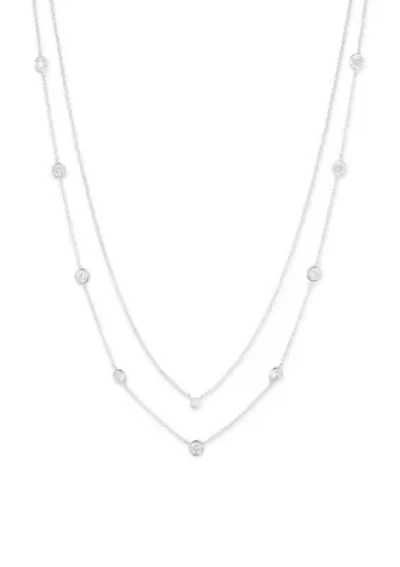 Silver Tone Crystal White 2 Row Station Necklace