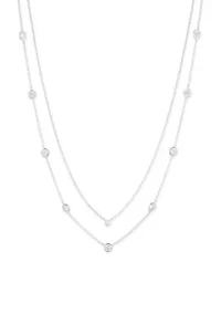 Silver Tone Crystal White 2 Row Station Necklace