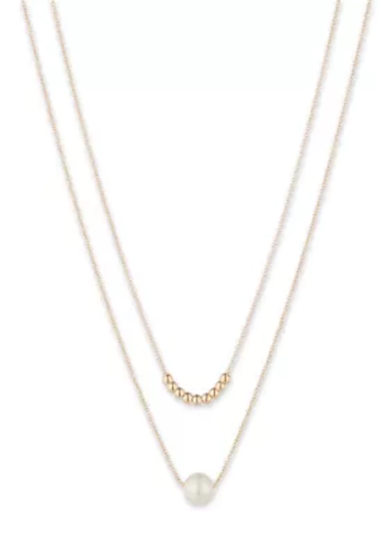 Gold Tone White 2 Row Pearl Necklace