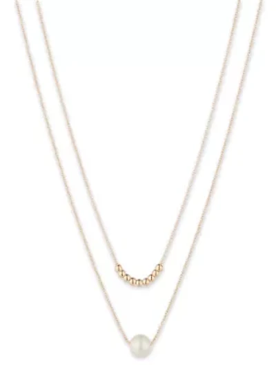 Gold Tone White 2 Row Pearl Necklace