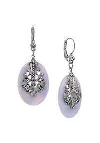 Silver Tone Oval Semi-Precious Filigree Drop Earrings