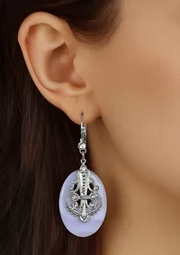 Silver Tone Oval Semi-Precious Filigree Drop Earrings