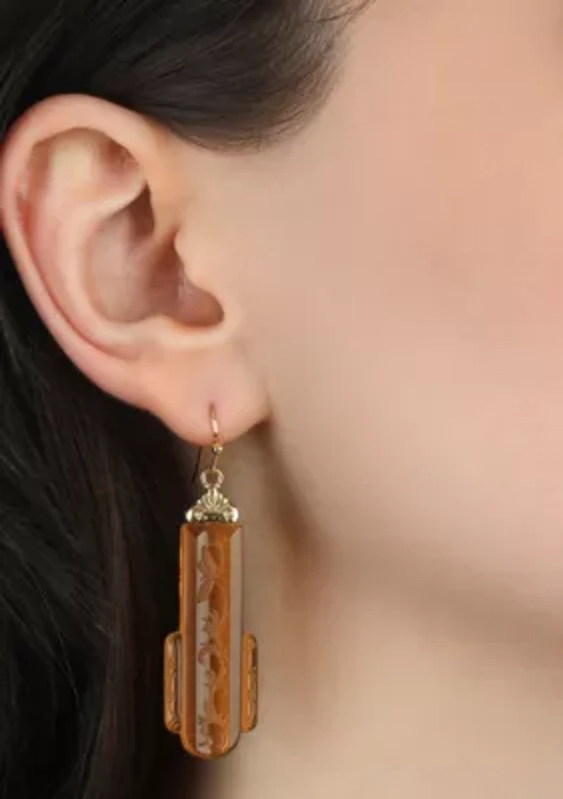 Gold Tone Glass Art Deco Drop Wire Earring