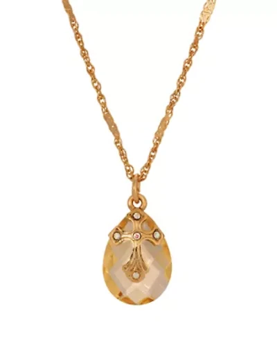 14K Gold Dipped Oval Glass Drop Crystal Cross Necklace 16" Adj.