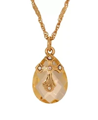 14K Gold Dipped Oval Glass Drop Crystal Cross Necklace 16" Adj.