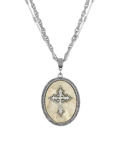 Pewter Cross Oval Semi-Precious Necklace 18" Adj.