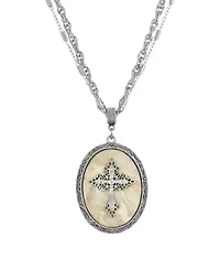 Pewter Cross Oval Semi-Precious Necklace 18" Adj.