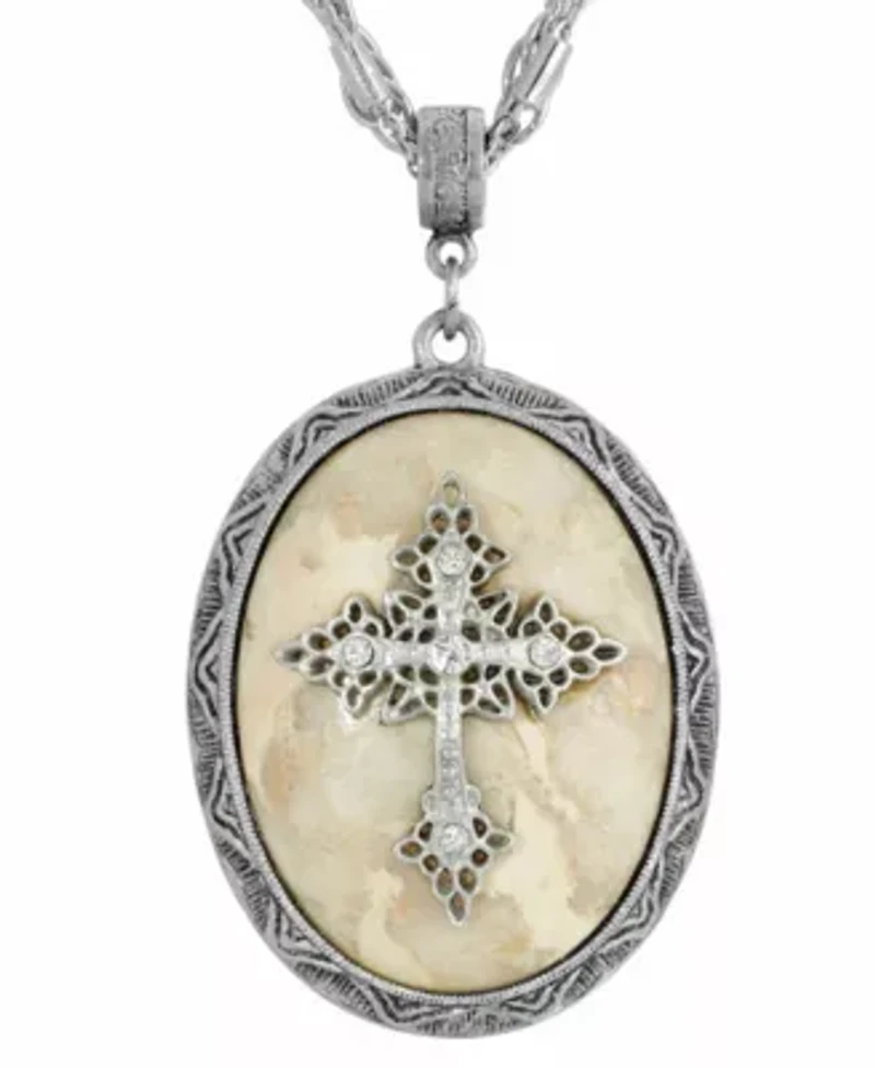 Pewter Cross Oval Semi-Precious Necklace 18" Adj.